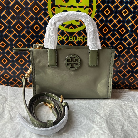Tory Burch Handbags - Tory Burch Ella Nylon Mini Tote Bag Crossbody Palm Leaf Gold Olive Green